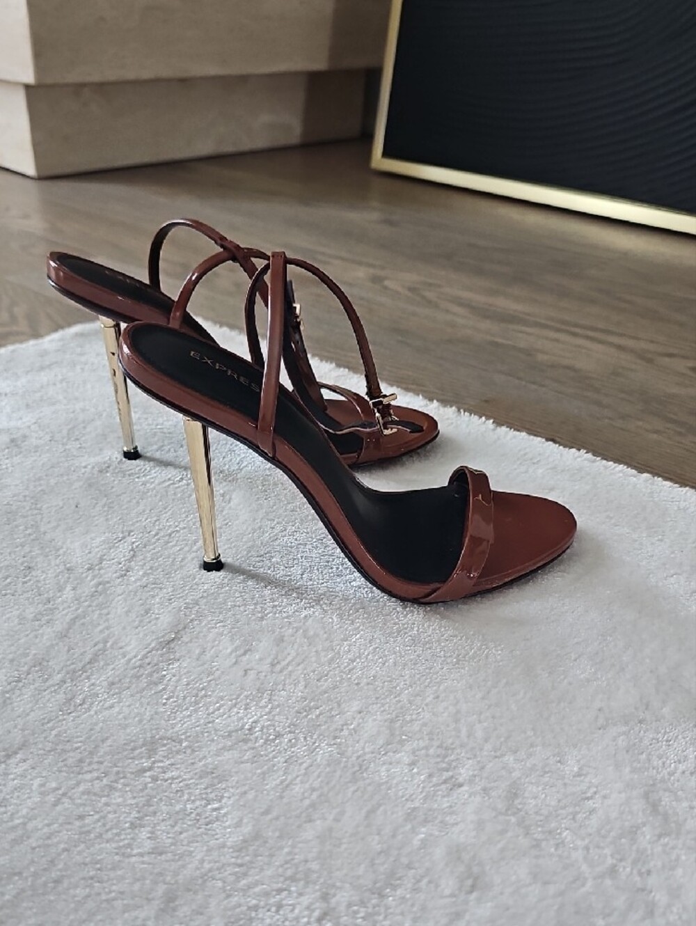 Express Brown Strappy Stiletto Sandals with Gold Heel